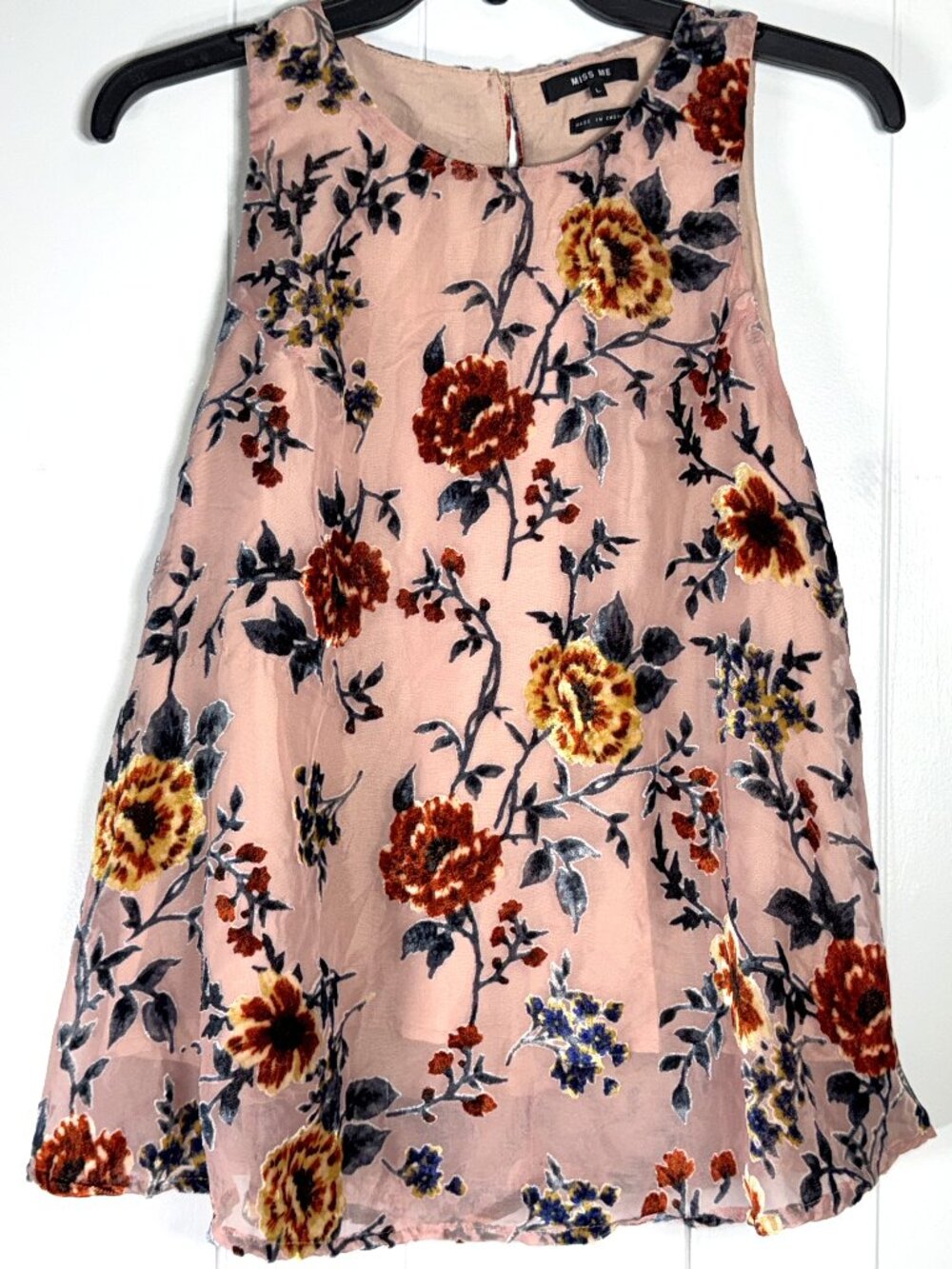 Miss Me Rose Floral Velvet Trim Sheer Layered Lined Sleeveless Blouse Tank Top L